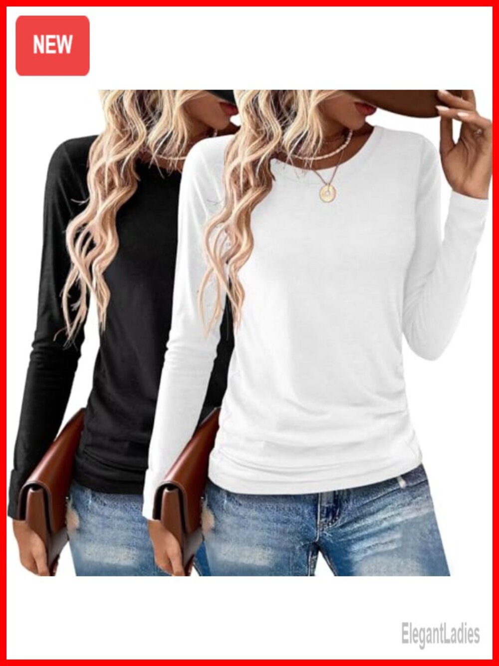 2 Pack Women's Long Sleeve Crewneck Tees Soft Stretch Relaxed Fit T-Shirts